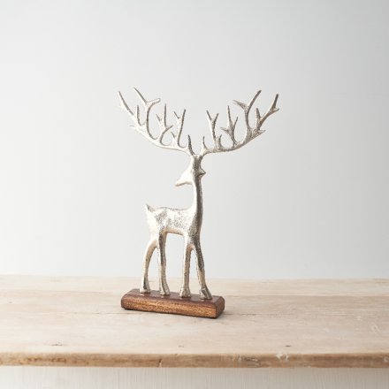 Brushed Silver Reindeer On Wooden Stand