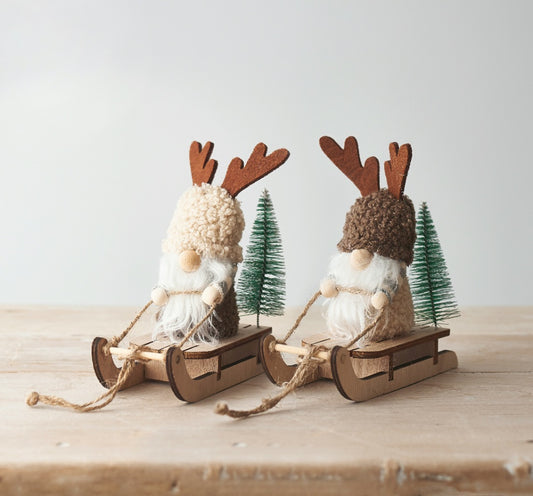 Festive Gonks on Sledge | Rustic Christmas Decoration | Neutral Coloured Gonk on Sledge | Handmade Festive Gonk | Scandi Christmas Gonk